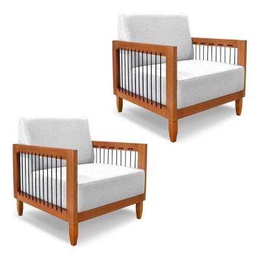 Imagem de Kit 2 Poltronas Decorativa Marilia Linho Base Em Madeira Castanho - Pallazio Cor Cinza