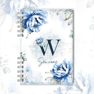 Imagem de Caderno A5 floral azul capa dura personalizado com inicial e nome, caderneta para anotações, caderno de anotações pautado ou sem pauta para estudo, organização e uso diário (W)