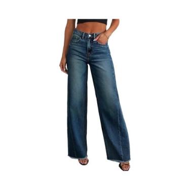 Imagem de Calças Jeans Femininas De Cintura Alta, Perna Larga, Ajuste Slim, Comp