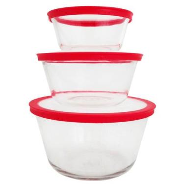 Imagem de Conjunto 3 Potes de Vidro Redondo com Tampa Tigelas 600ml 1,2l 1,4l Ma