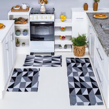 Imagem de Kit Passadeira Tapete Cozinha 3 Peças Jacquard Base Antiderrapante - Losango Preto E Branco