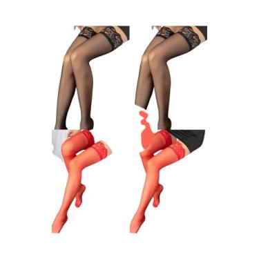 Imagem de Meias Altas De Renda Floral Pretas Para Mulheres, Transparentes, Elást