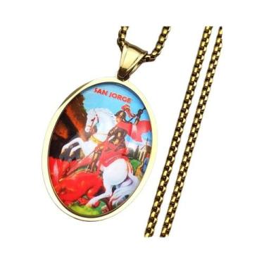 Imagem de Colar De Pingente De Vidro Em Aço Inoxidável Cor Dourada São Jorge Par