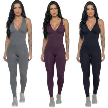 Imagem de KIT 3 Macacão Liso Longo Com Bojo Serra e Mar Modas Academia Treino Suplex Fitness Feminina-Feminino