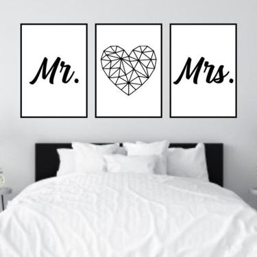 Imagem de Kit 3 Quadros Decorativos Mr and Mrs Coração Geométrico