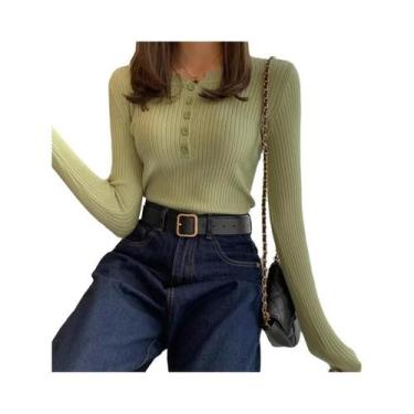 Imagem de Suéter Feminino Slim Fit De Tricô Com Botões E Gola O, Pulôver Listrad