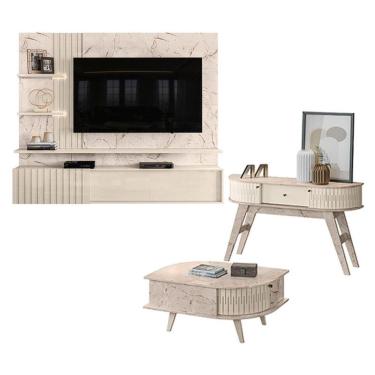 Imagem de Estante Home Theater Suspenso Atena com Aparador Estoril e Mesa de Centro Indianápolis Calacata Off White – Madetec