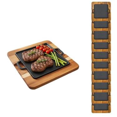 Imagem de Kit 10 Tábuas Churrasco Madeira Nobre + Chapa Ferro Fundido 30x30cm - 