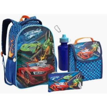 Imagem de Kit Mochila Costa Lancheira Estojo Garrafa Hot Wheels Carros -Seanite