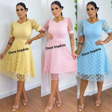 Imagem de Vestido Feminino Tule Moda Evangélica Com Cinto Malha Canelado Midi - 
