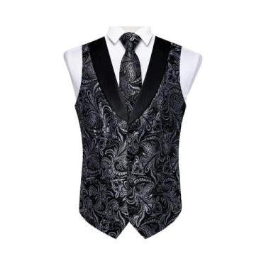 Imagem de Colete De Smoking Masculino Paisley Com Gravata, Lenço De Bolso E Abot