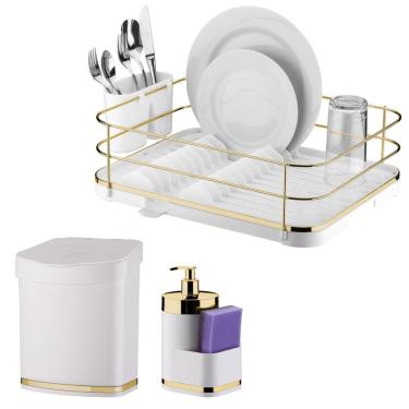 Imagem de Kit Cozinha 3 Peças Escorredor Louça Lixeira 2,5L Dispenser Detergente Branco Dourado - Future