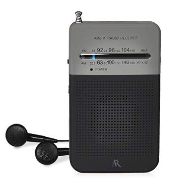 Imagem de Acoustic Research Rádio AM/FM portátil – Acabamento emborrachado preto e cinza com clipe de cinto, alto-falante e fones de ouvido embutidos; operado por bateria
