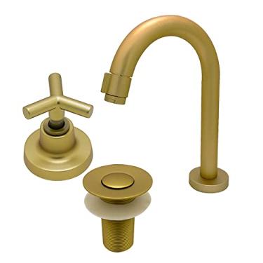 Imagem de Kit Banheiro 3 Peças Dourado Fosco Torneira Lavatório Para Banheiro + Válvula + Acabamento Padrão Deca