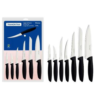 Imagem de Jogo de Facas Plenus com Lâminas em Aço Inox e Cabos de Polipropileno Preto 07 Peças Tramontina