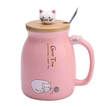 Imagem de 1 peça adorável copo de cerâmica de gato com colher e tampa café água caneca de leite caneca de garrafa de chá com decorações de gato fofo para presente de copos 420 ml (rosa)