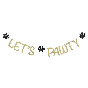 Imagem de Letreiro de glitter dourado Let's Pawty Banner de animal de estimação cachorro gato festa de aniversário papel pata de cachorro decoração de festa