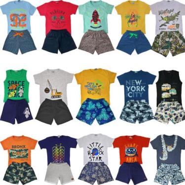 Imagem de Kit Lote 20 Peças Roupa Infantil Menino 10 Camisetas + 10 Shorts Molet