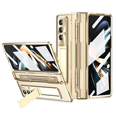 Imagem de Para Galaxy Z Fold 4 HD Clear Plating Stand para Samsung Galaxy Z Fold 4 3 Leveling Hinge Case com película de vidro de tela frontal, ouro, para Galaxy Z Fold 3