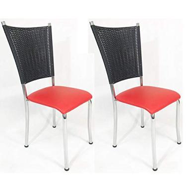 Imagem de Kit 2 Cadeiras de Cozinha Cromada Fibra Sintética Preta Assento Vermelho - Poltronas do Sul