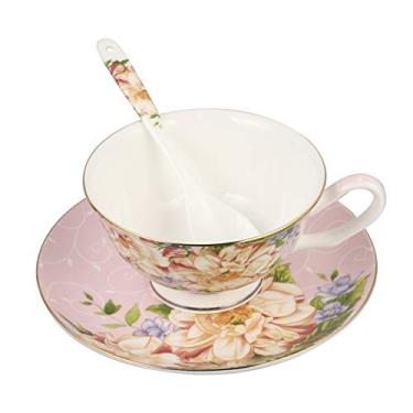 Imagem de Cabilock Conjunto de colheres de chá e pires de cerâmica rosa conjunto de xícaras e pires de chá floral conjunto de chá de porcelana canecas de chá para chá e chá de rosa