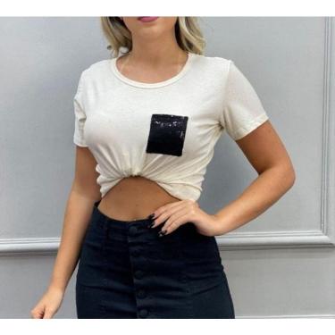 Imagem de Blusa t-shirt feminina viscolycra bolso paetê frontal gola rasa moda fashion