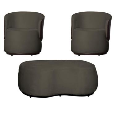 Imagem de Kit 2 Poltronas e 1 Puff Grande Design Orgânico Beatriz Veludo Composê Corino Marrom - Estopar