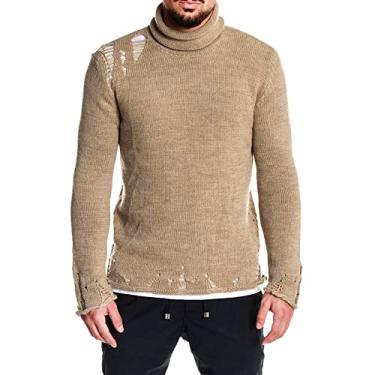 Imagem de Jaqueta masculina de inverno suéter rasgado pulôver masculino gola alta malha sólida suéteres masculinos pulôver longo casaco francês, Cáqui, XG