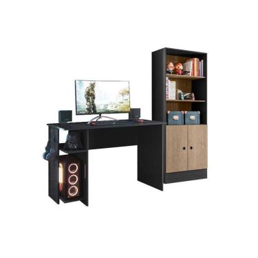 Imagem de Jogo de Quarto Gamer com Mesa para Computador e Estante Preto/Carvalho - FdECOR