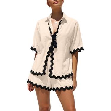 Imagem de Perbai Conjunto de 2 peças de roupa de praia feminina de verão com botões e camisa de manga curta, Bege, M