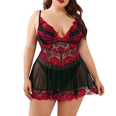 Imagem de Conjunto de lingerie plus size para mulheres, decote em V, renda floral, babydoll, cetim, tanga, roupa de dormir Malha Transparente Minivestido Roupas plus sutiã preto D27-Vermelho X-Large