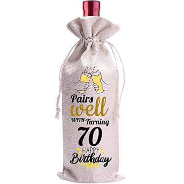 Imagem de Presentes de aniversário de 70 anos saco de vinho de linho - 70 anos de idade ideias de lembrança para o querido pai avô irmão amigos - vinho não incluído (70º)