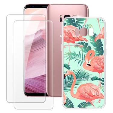 Imagem de MILEGOO Capa para Samsung Galaxy S8 Plus + 2 peças protetoras de tela de vidro temperado, capa de TPU de silicone macio à prova de choque para Samsung Galaxy S8 Plus (6,2 polegadas) Flamingo