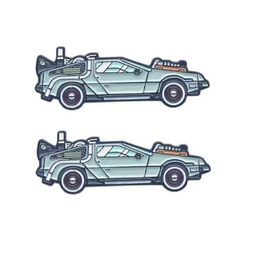 Imagem de Broche esmaltado de carro esportivo Delorean, 2 peças, desenho animado, máquina do tempo para mochilas, Metal Aço inoxidável, Sem Pedra Preciosa