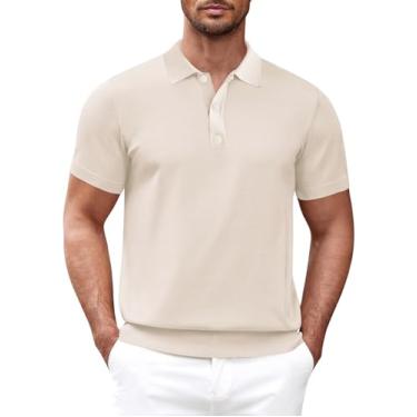 Imagem de Camisa polo masculina de malha casual manga curta clássica básica abotoada camisas de golfe, Bege, M