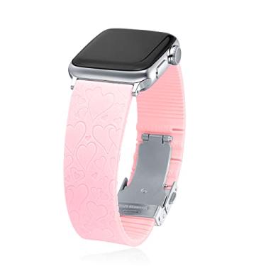 Imagem de Divoti Pulseiras esportivas de silicone gravadas em corações compatíveis com Apple Watch, fivela prata/rosa bebê - 41/40/38 mm
