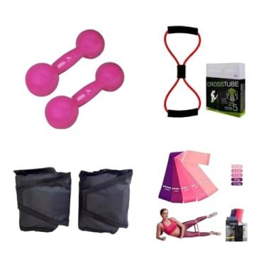 Imagem de Par Peso Halter Rosa 3 Kg Emborrachado + Caneleira Rosa 3 Kg + Kit 5 Elásticos Band + Elástico Multifuncional