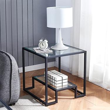 Imagem de Mesa de centro de vidro de metal preto – Mesa de centro simples para sala de estar, casa, mesa de centro com moldura de metal com 2 prateleiras, mesa moderna para quarto, sala de jantar, decoração de
