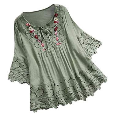 Imagem de Lainuyoah Blusas de trabalho femininas de linho de verão vintage laço patchwork renda gola V bordado manga 3/4 camisa retrô, B - verde, 3G