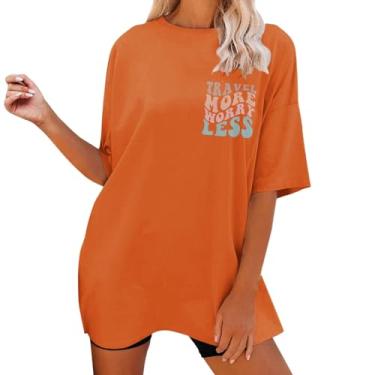 Imagem de Camisetas estampadas de tamanho grande para mulheres, casuais, estampadas, blusas soltas, modernas de verão, túnicas com leggings, Laranja, M