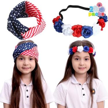 Imagem de JOYIN Pacote com 2 acessórios patrióticos, faixa de cabeça com bandeira americana e faixa floral para mulheres e meninas, acessórios de faixa de cabelo de 4 de julho, decoração vermelha, branca e azul