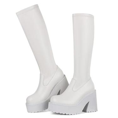 Imagem de AMINUGAL Botas femininas elásticas até o joelho plataforma salto alto bloco grosso meias botas com zíper bico redondo moda motocicleta combate punk botas femininas, A - branco, 39 BR