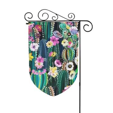 Imagem de Uanvaha Bandeira de jardim de cactos vertical dupla face 31,8 cm x 45,7 cm Cactos tropicais suculentas plantas verdes com flores coloridas bandeiras de quintal pequeno poliéster decoração externa