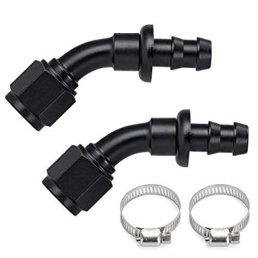 Imagem de PTNHZ 6AN 45 graus fêmea giratório para empurrar o tipo farpa, extremidade de encaixe de mangueira para linha de combustível de borracha, kit de refrigerador de combustível, adaptador de mangueira reutilizável, liga de alumínio anodizado, preto, 2 unidades