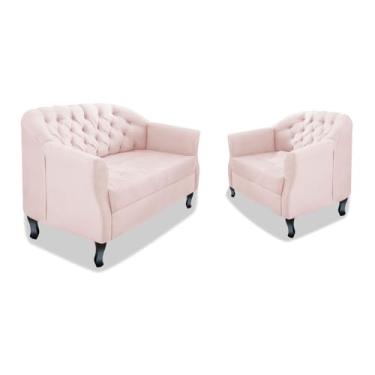 Imagem de Kit Namoradeira Sofá Recamier e Poltrona Julia Pés Luís Xv Com Botonê para Sala de Estar Recepção Quarto Escritório Rosê Suede - AM Decor