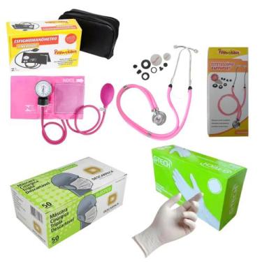 Imagem de Kit medidor de pressão esteto máscara e luvas caixa Rosa - Premium