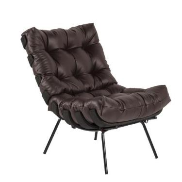 Imagem de Poltrona Decorativa Sala de Estar Costela Base Preta Couro Marrom G34 