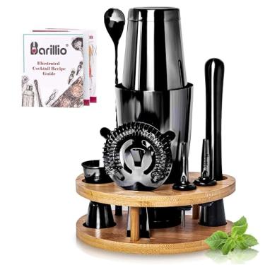 Imagem de Barillio Kit de barman preto Mixology com suporte – Conjunto de coqueteleira com suporte de bambu, coqueteleira Boston, misturador de mojito e colher misturadora de bebidas – Conjunto de ferramentas