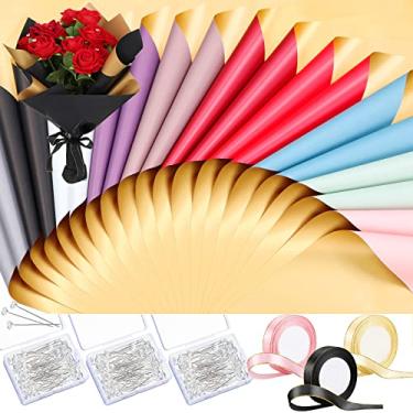 Imagem de Jeyiour 393 peças de papel de embrulho de buquê de flores à prova d'água folhas de embrulho floral papel de embalagem de presente com alfinetes de cristal e fitas de cetim para suprimentos de floristas de casamento dos namorados (ouro)