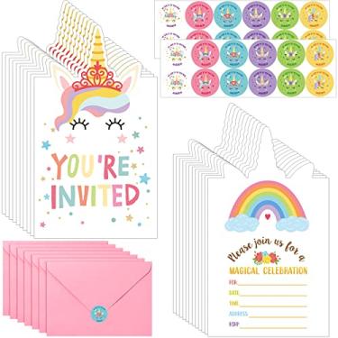 Imagem de 24 peças de unicórnio convite de aniversário menina unicórnio convite festa convite unicórnio cartão convite unicórnio, 24 envelopes rosa 24 etiquetas adesivos unicórnio kit cartão convite suprimentos